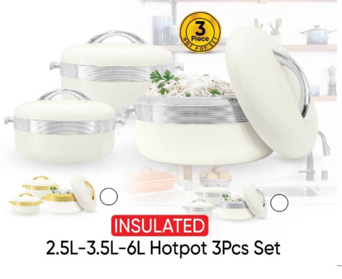 JUMBO OXFORD 3 PCS INSULATED HOT POT WHITE SILVER (2.5L, 3.5L, 6.0L)